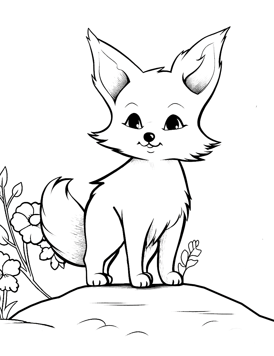Baby Fox's First Steps Fox Coloring Page - A tender scene showing a fox cub taking its first steps.