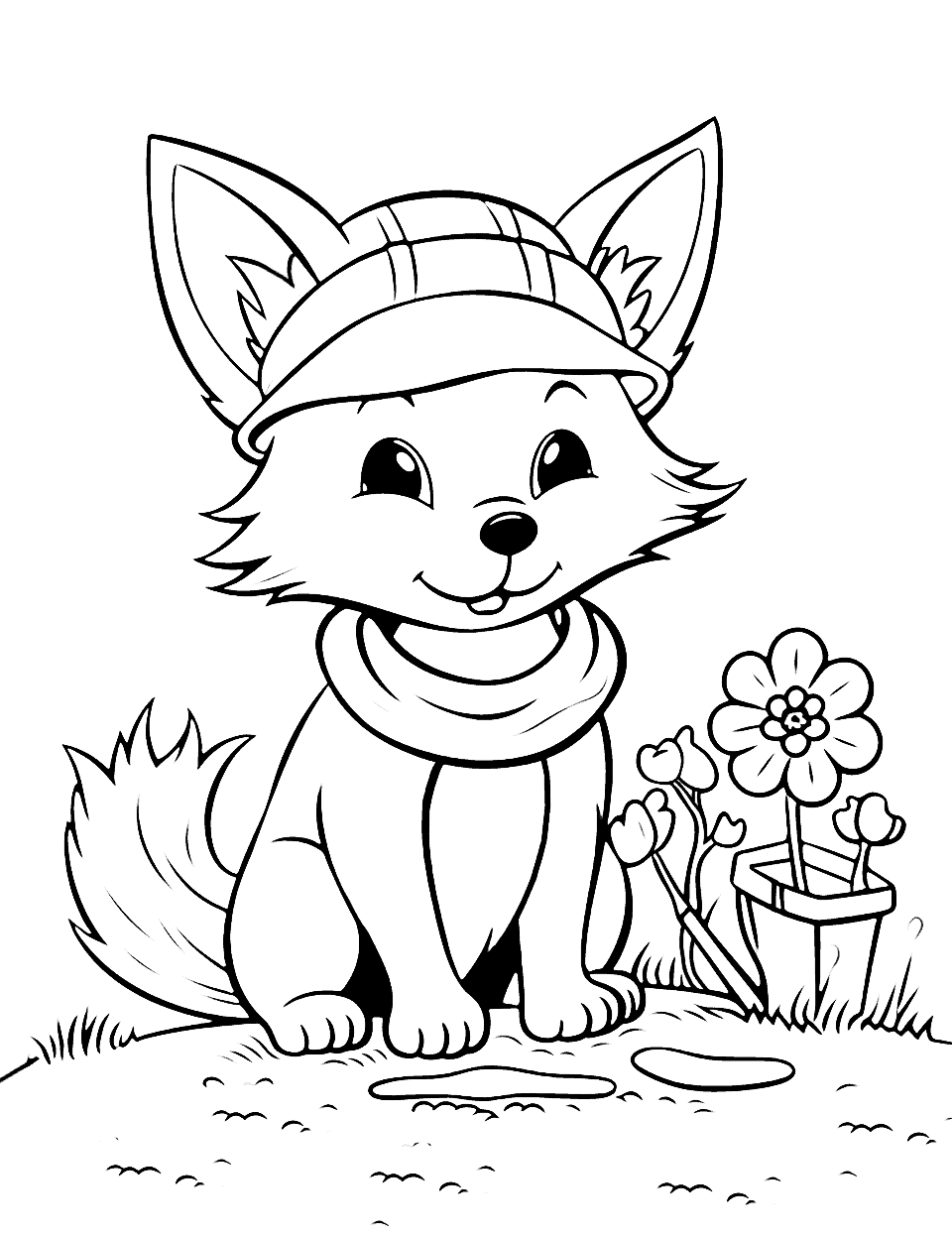 Gardening Fox Coloring Page - A fox with a sun hat in a garden.