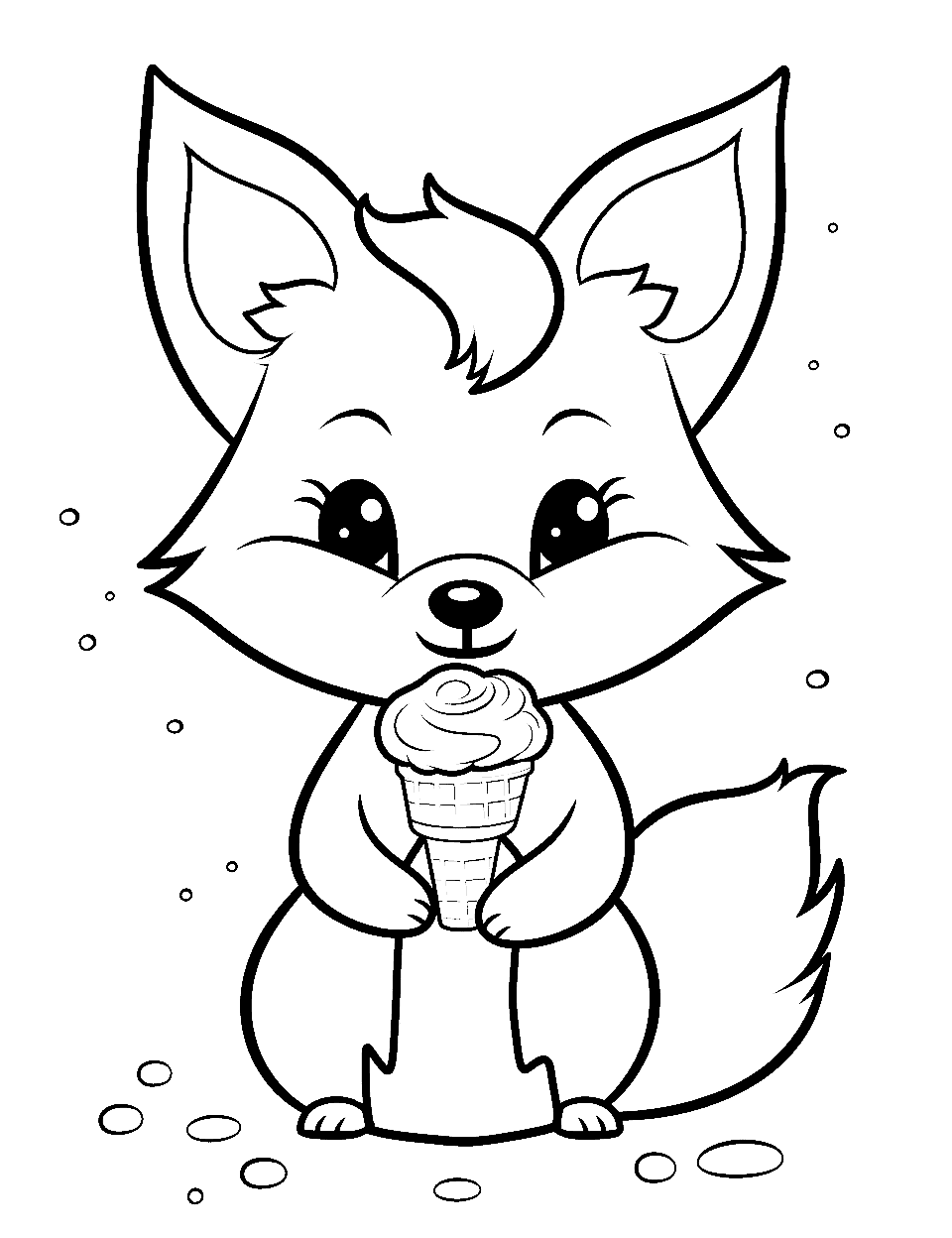 Chibi Fox's Ice Cream Day Fox Coloring Page - A little fox, eyes wide in delight, holding a giant ice cream cone.