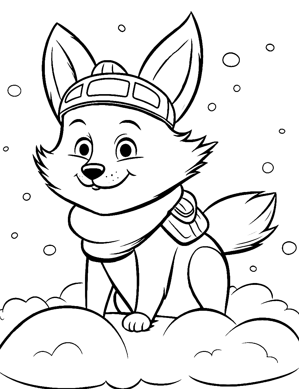 Fox Pilot in the Sky Coloring Page - A fox pilot with fluffy clouds around.