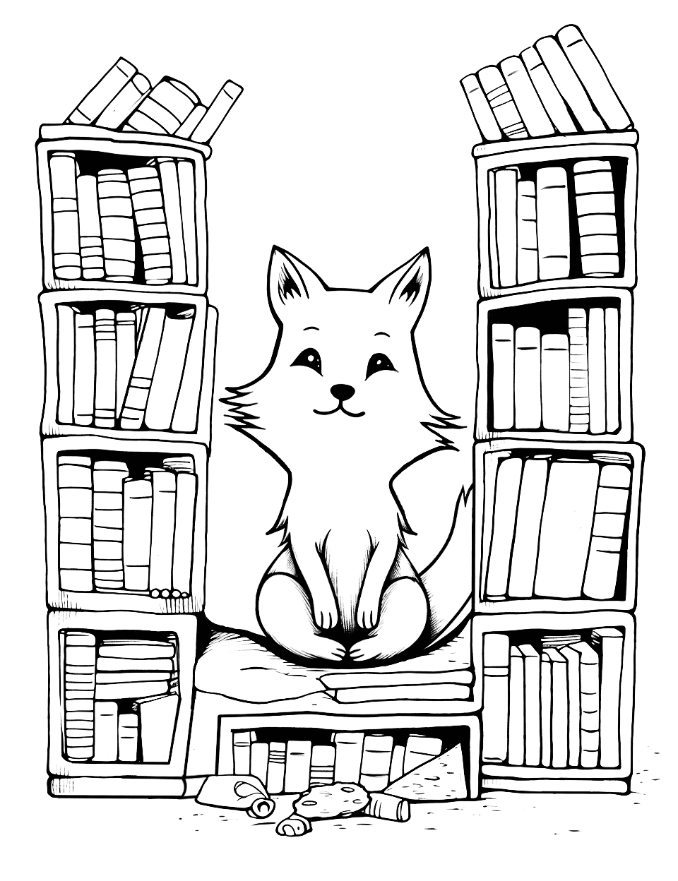 Fox's Library Day Fox Coloring Page - A book-loving fox amidst towering bookshelves.