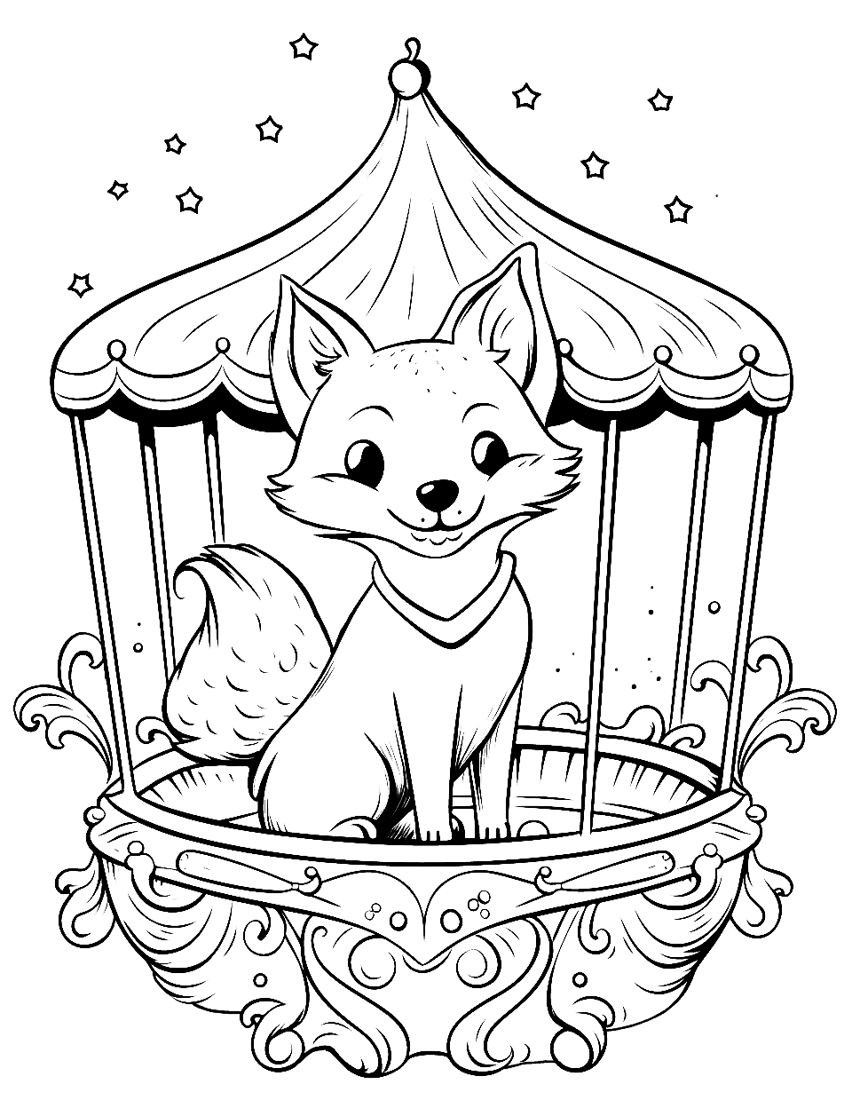Fox's Magical Carousel Ride Fox Coloring Page - Riding a dazzling carousel, our fox enjoys the magical carnival.