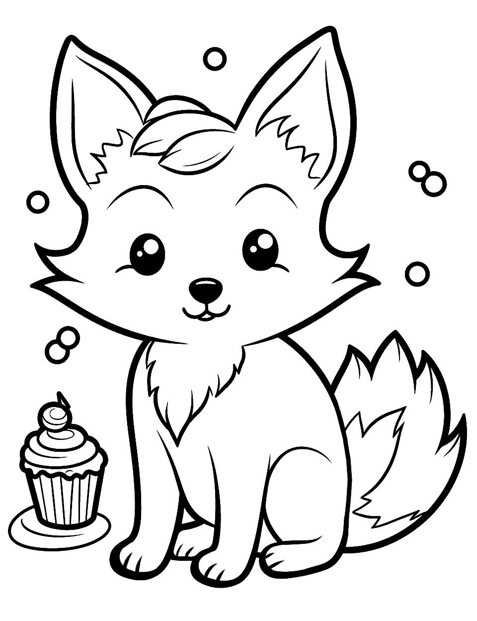 Kawaii Fox With a Cupcake Coloring Page - A small, round fox with big, sparkly kawaii eyes and a colorful cupcake.