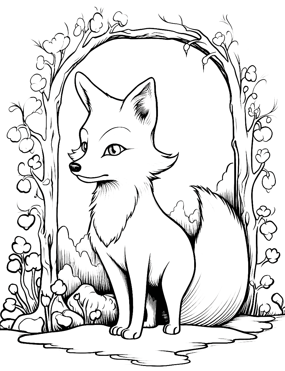 Fox's Enchanted Mirror Coloring Page - A fox coming out of a magical mirror.