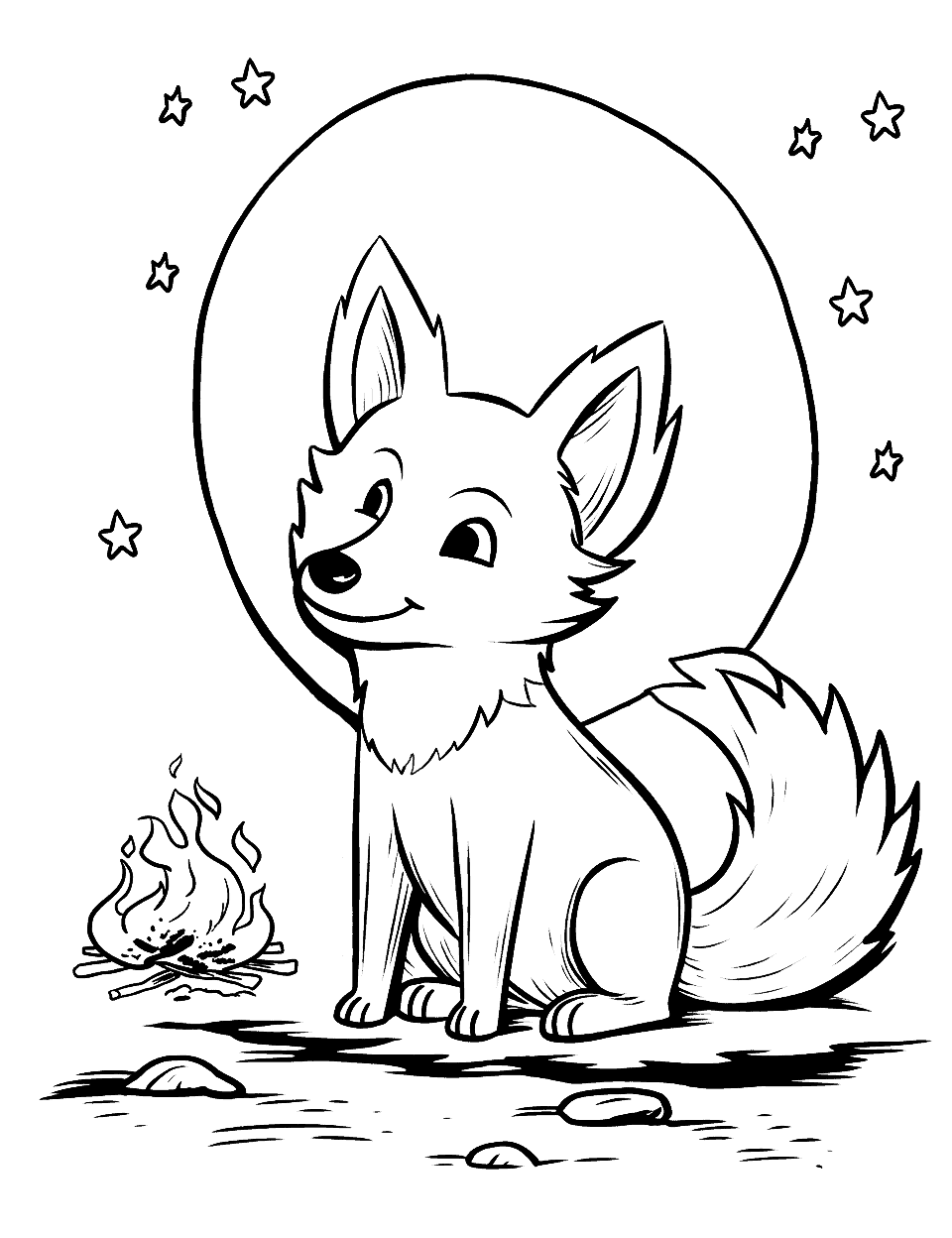 Fox's Campfire Night Coloring Page - Under the stars, a fox by a warm campfire.