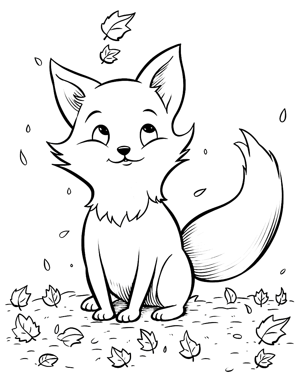 Fox's Autumn Leaf Dance Fox Coloring Page - A fox playing amidst falling autumn leaves.