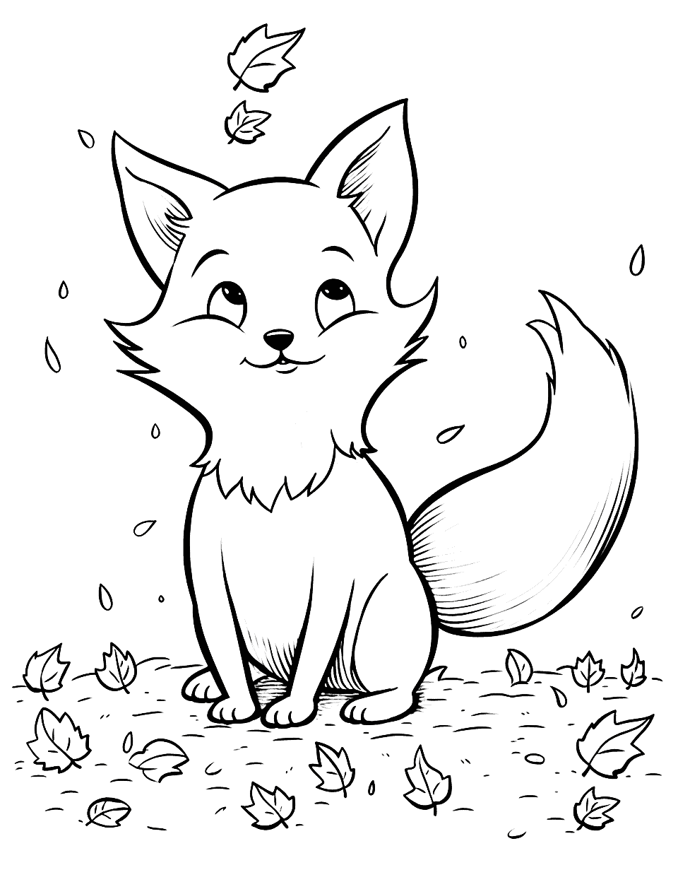 Fox's Autumn Leaf Dance Coloring Page - A fox playing amidst falling autumn leaves.