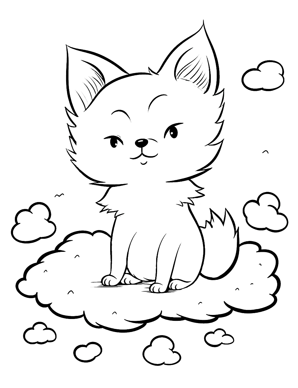 Fox's Dreamy Cloud Ride Fox Coloring Page - A fox sitting on a fluffy cloud, this fox travels across the sky.