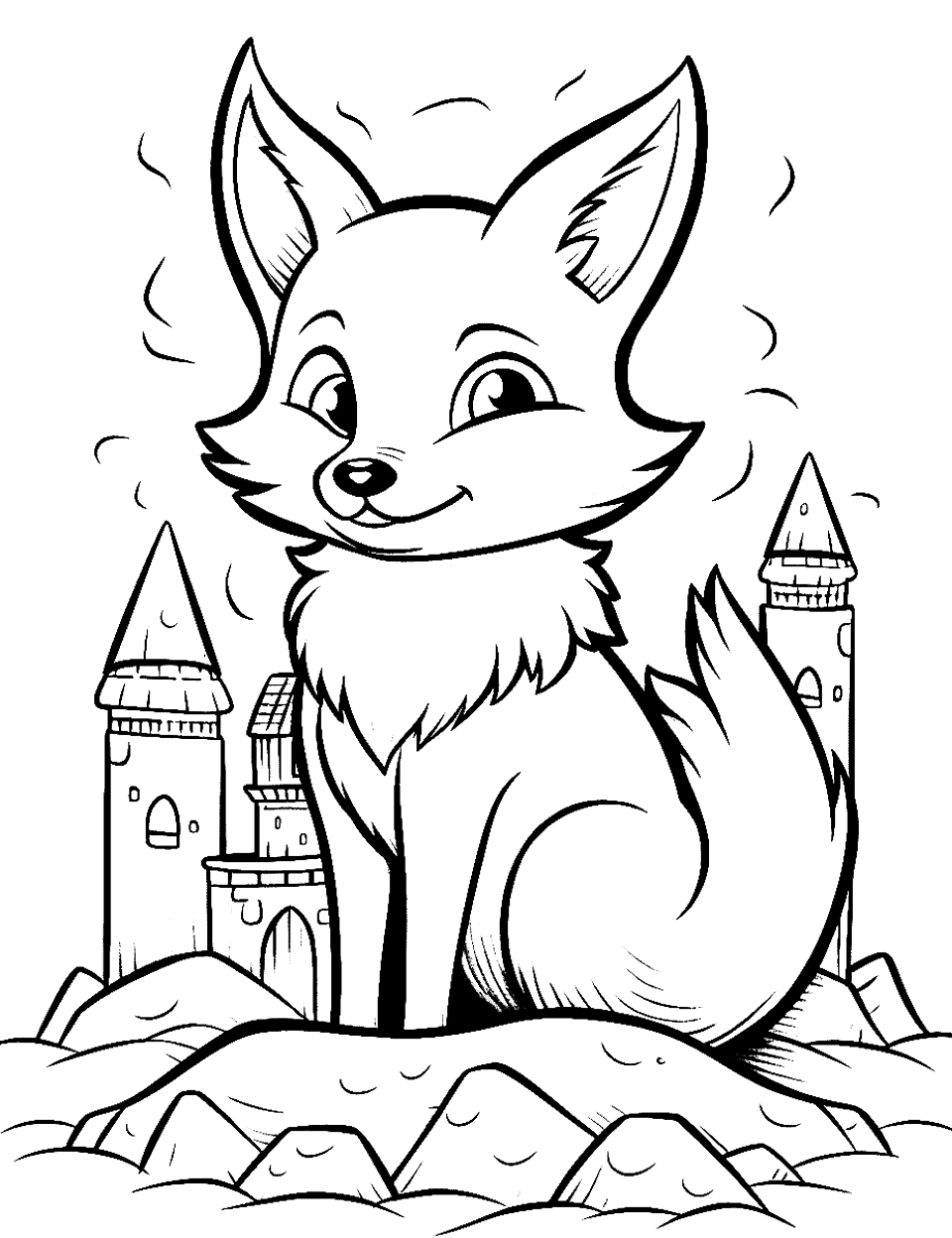 Fox's Sandcastle Kingdom Fox Coloring Page - At the beach, a fox proudly shows off its elaborate sandcastle.