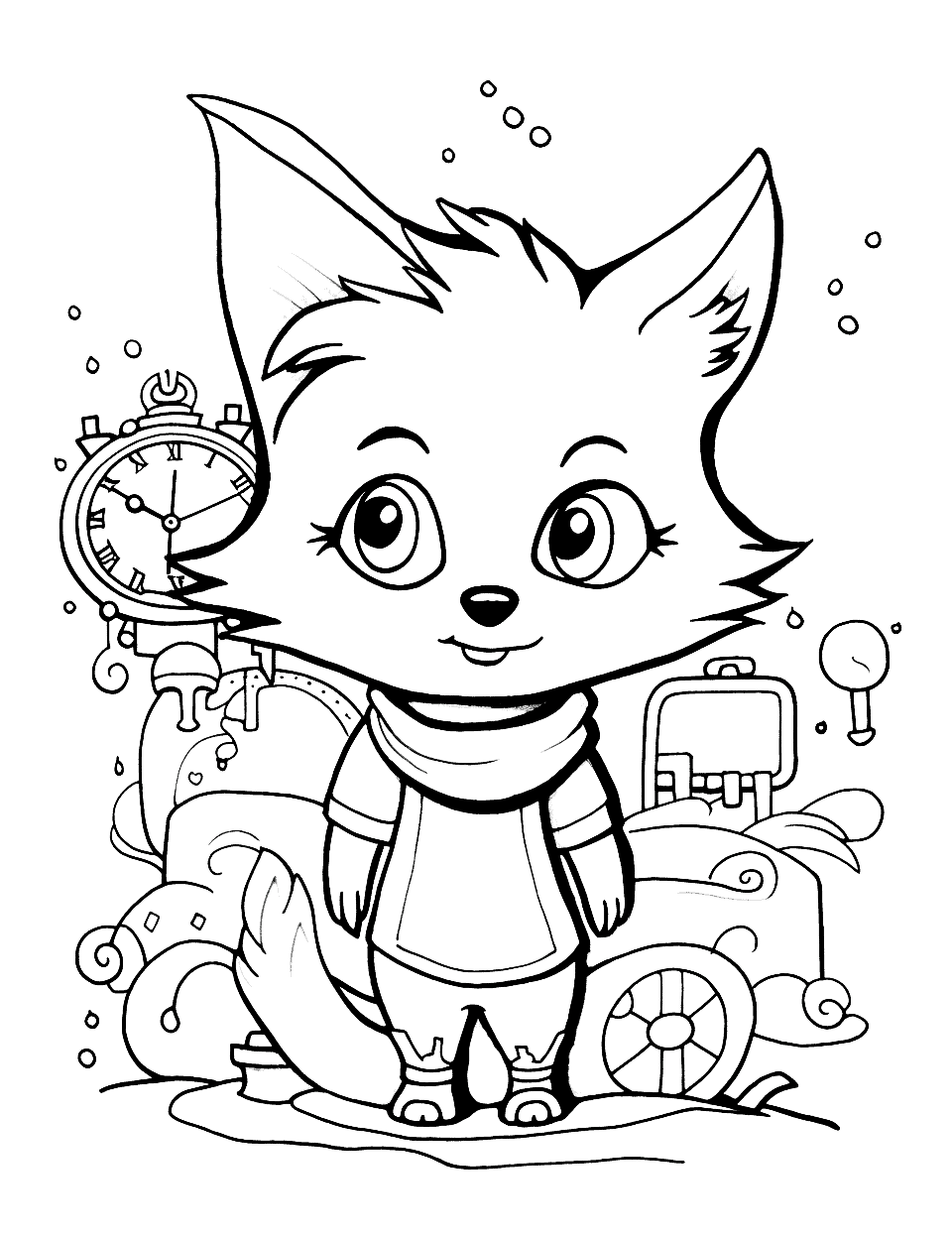 Fox's Time Travel Quest Fox Coloring Page - Surrounded by clocks and gears, a fox embarks on a time-traveling mission.