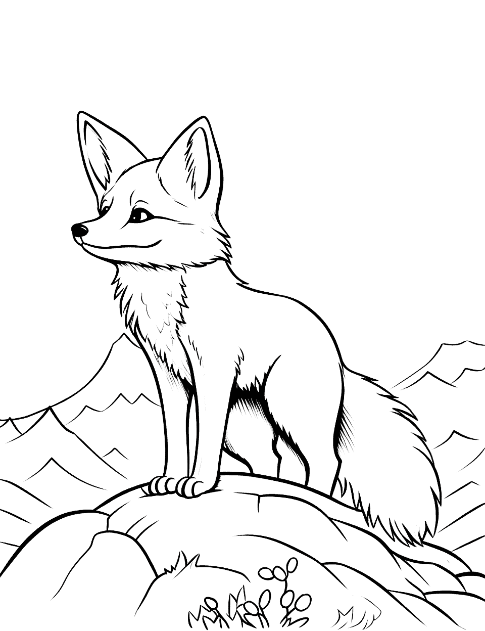 Fox's Mountain Hike Coloring Page - Scaling great heights, a fox stands atop a mountain, gazing at the horizon.