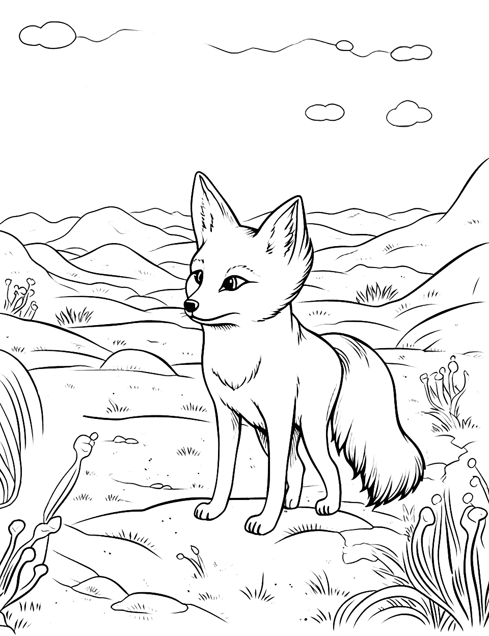 Fox's Desert Oasis Discovery Coloring Page - Fox going around on Desert looking for an Oasis.