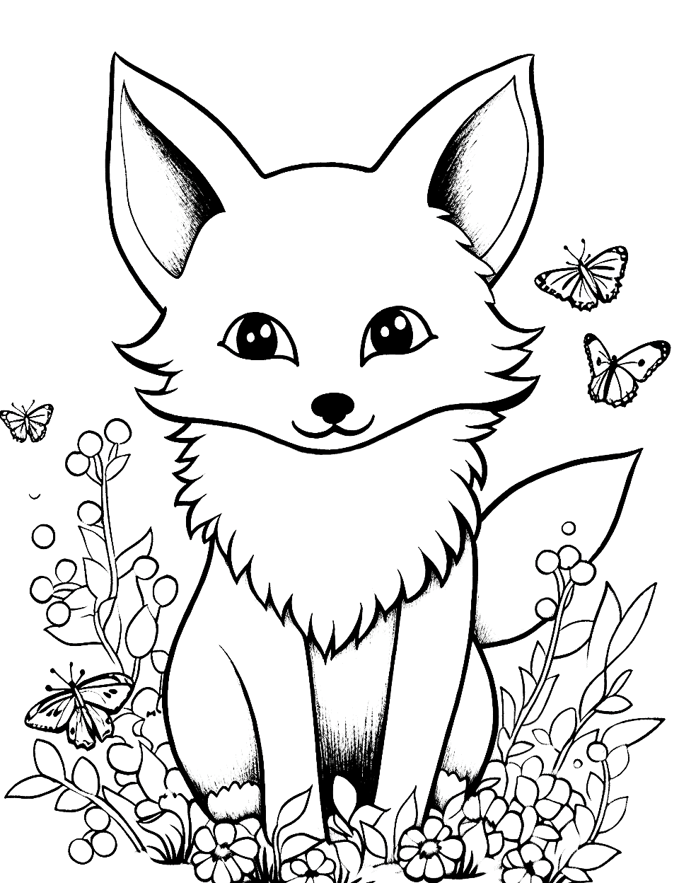 Fox's Butterfly Friends Fox Coloring Page - Surrounded by colorful butterflies, a fox marvels at nature’s beauty.