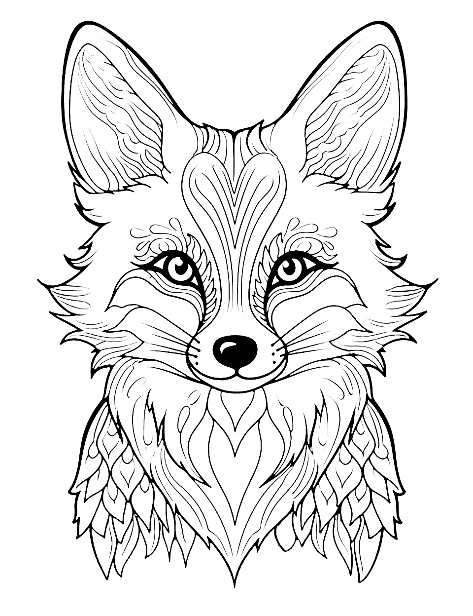 Detailed Fox Face Coloring Page - An up-close shot of a fox’s face, emphasizing its sharp features and intricate fur details.