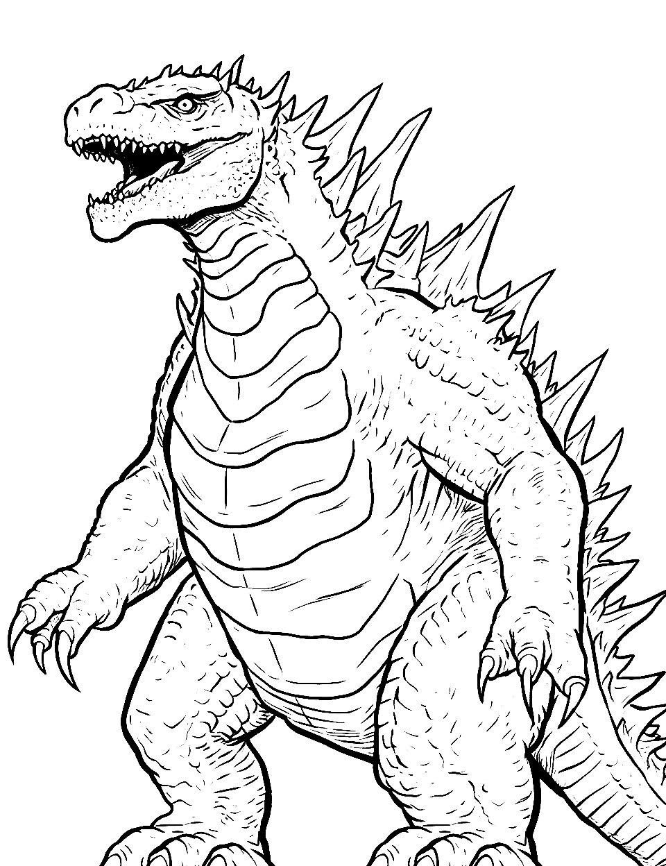 Realistic Godzilla Portrait Coloring Page - A lifelike depiction of Godzilla, showcasing its massive size and detailed scales.