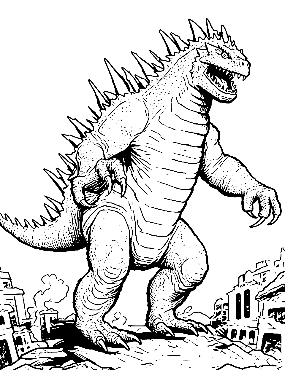 Original Godzilla Stance Coloring Page - The first Godzilla from 1954, its presence felt amidst ruins.
