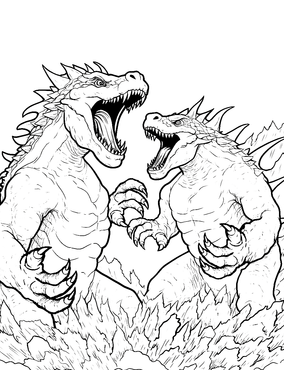 Fiery Fight Coloring Page - Godzilla and another kaiju, engaged in a fierce battle with fiery surroundings.