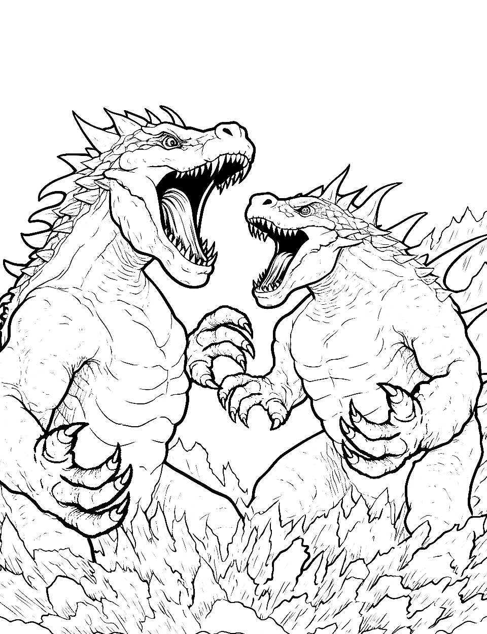 Fiery Fight Godzilla Coloring Page - Godzilla and another kaiju, engaged in a fierce battle with fiery surroundings.