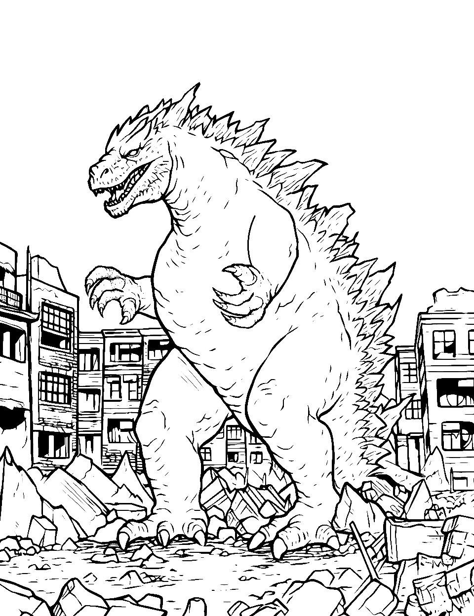 City in Ruins Godzilla Coloring Page - Godzilla walking among the ruins of the city after his fierce fight.