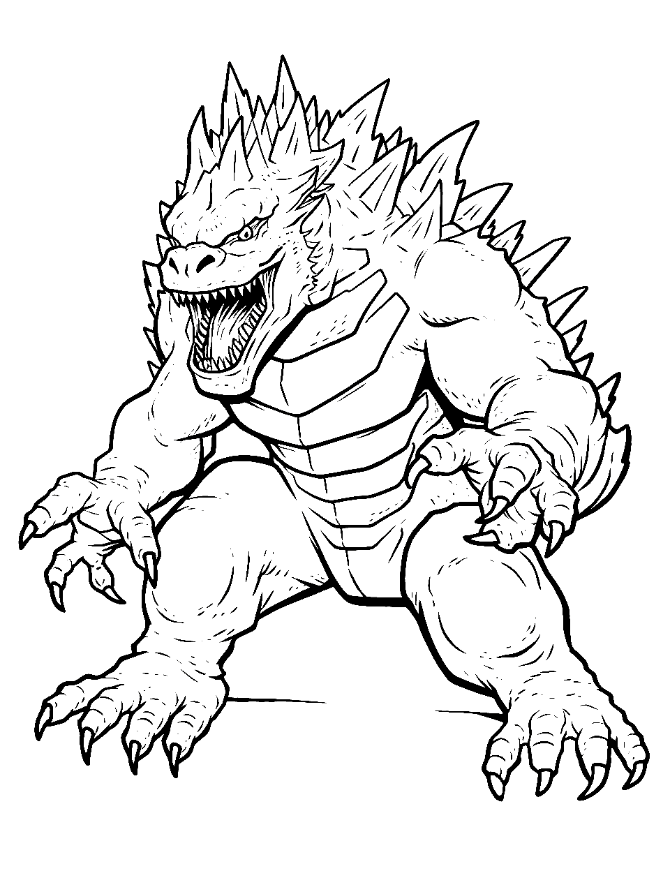 Kaiju Action Pose Godzilla Coloring Page - An unidentified kaiju, poised for battle with claws and teeth ready.