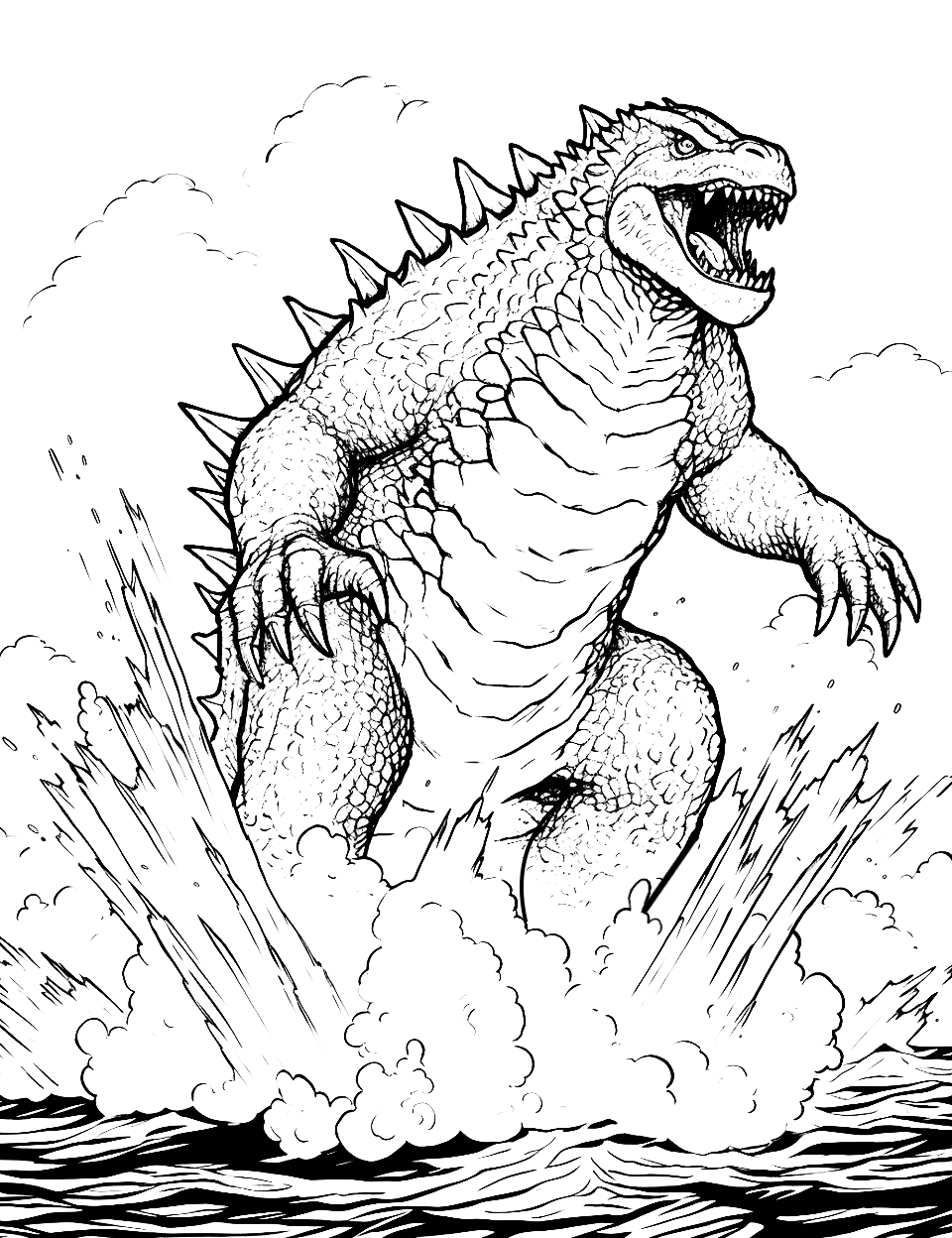 Godzilla's Ocean Entrance Coloring Page - Godzilla emerging from the ocean, water splashing around.