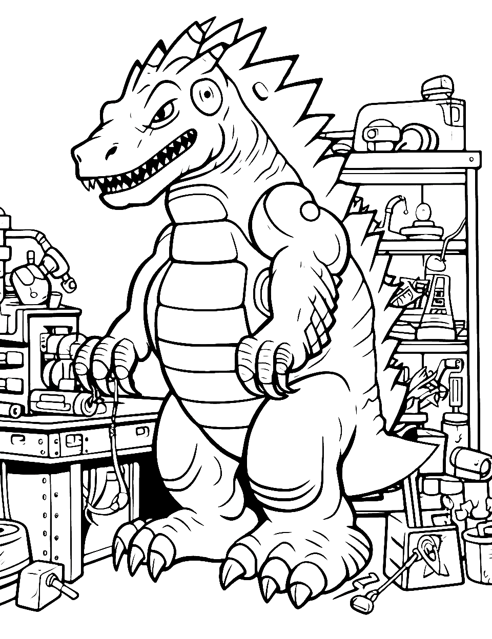 Mechagodzilla's Workshop Coloring Page - Godzilla visiting the lab where Mechagodzilla is being built.