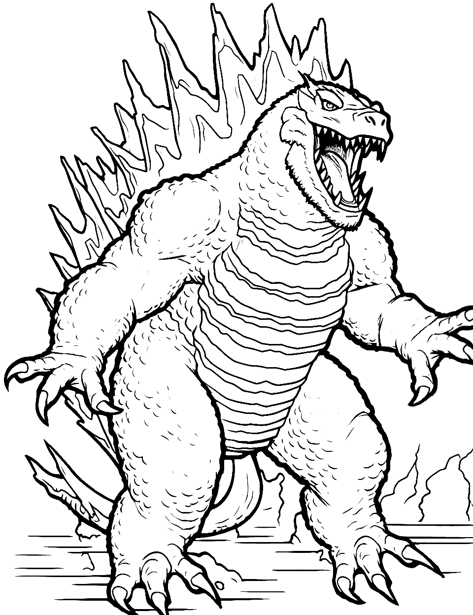 Super Godzilla's Charge Godzilla Coloring Page - Super Godzilla charging up its energy, with glowing spines.