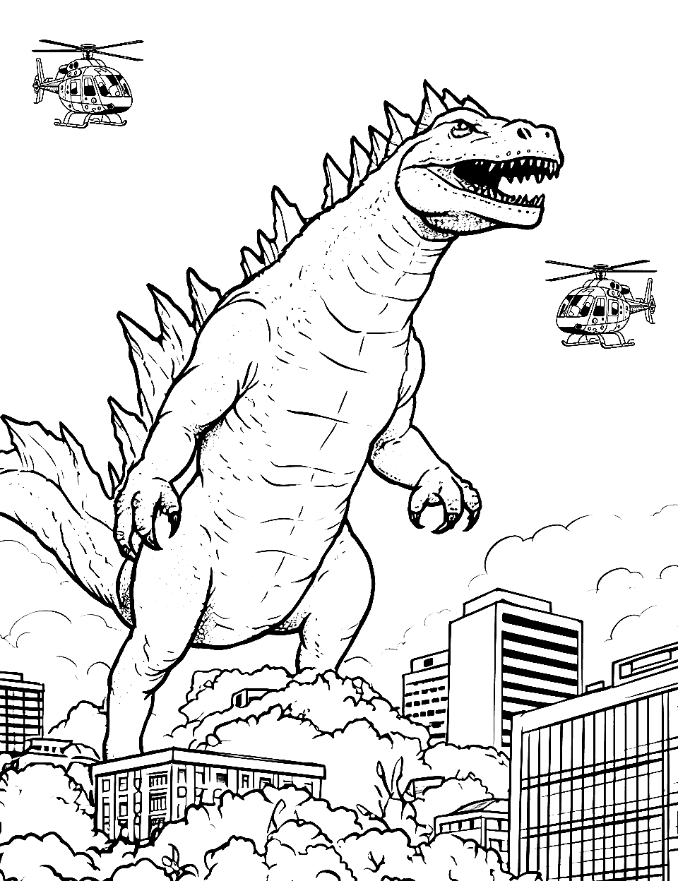 Original Godzilla's March Coloring Page - Godzilla’s iconic march, with helicopters flying above.