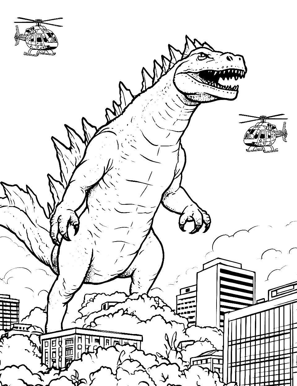 Original Godzilla's March Godzilla Coloring Page - Godzilla’s iconic march, with helicopters flying above.