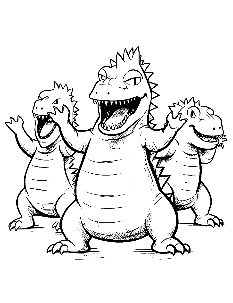 Kaiju Dance Off Coloring Page - Silly poses of kaiju, as if they are dancing.