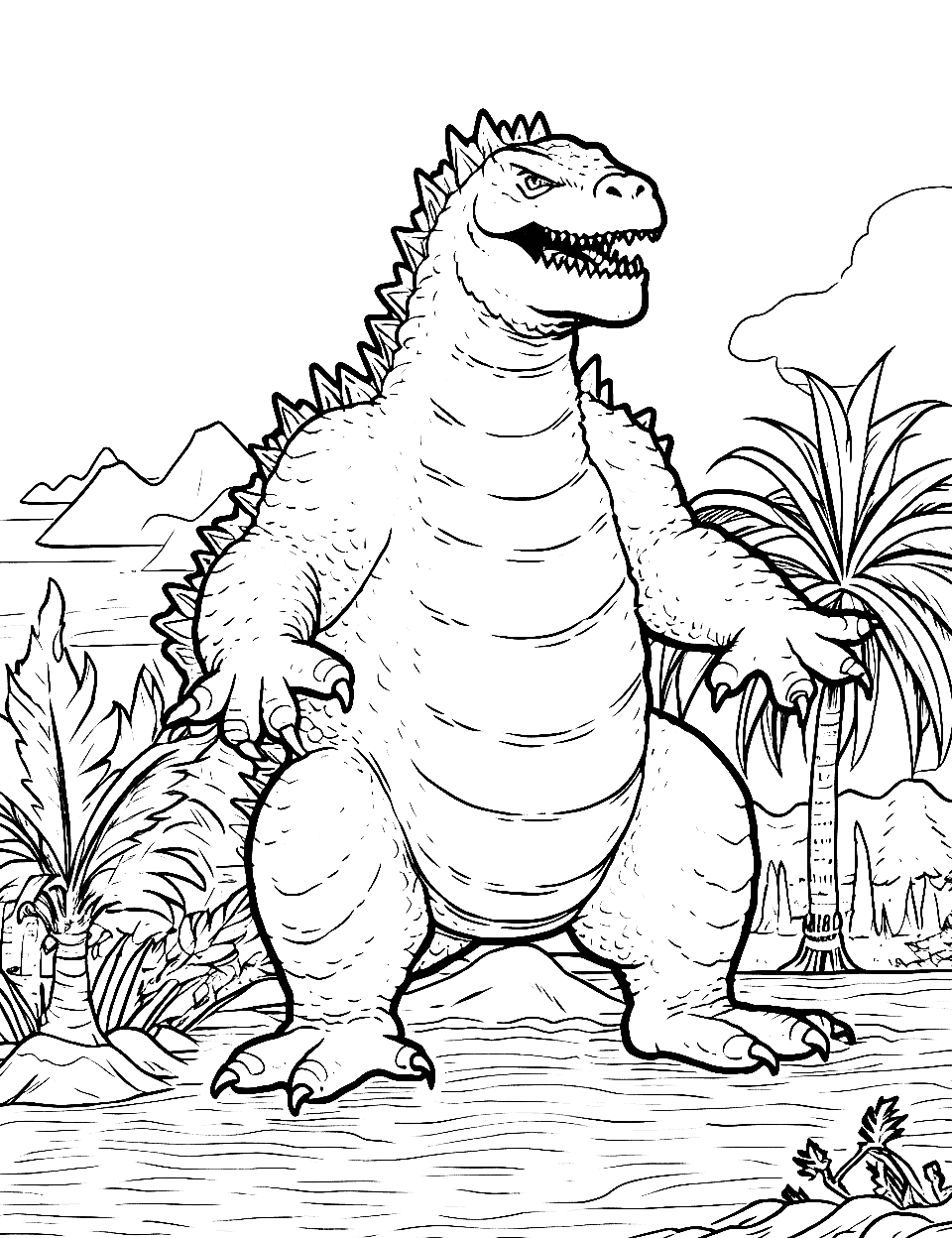 Original Godzilla's Island Coloring Page - Godzilla on an island, with palm trees.