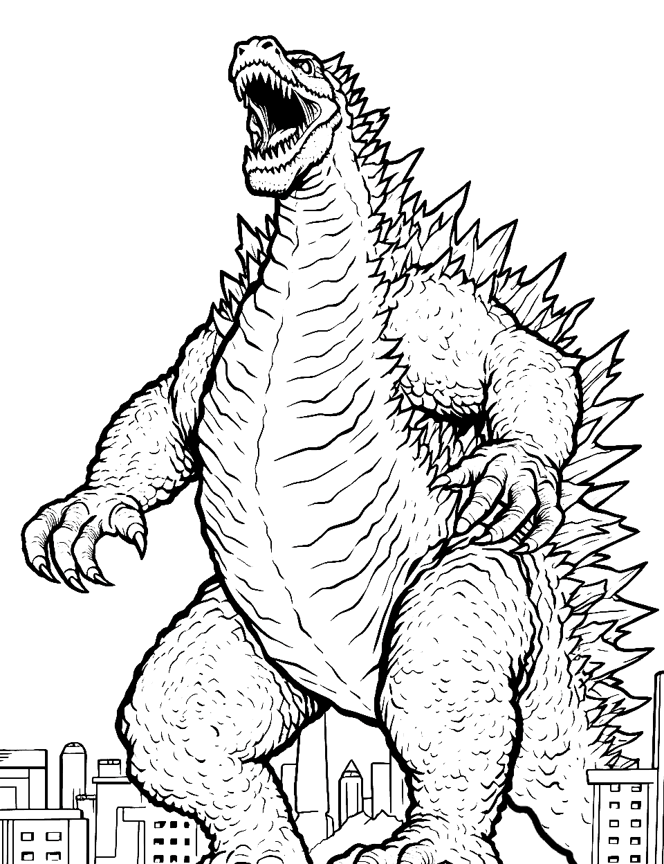 Shin Godzilla Pose Coloring Page - Godzilla from the Shin series, standing tall with menacing eyes.