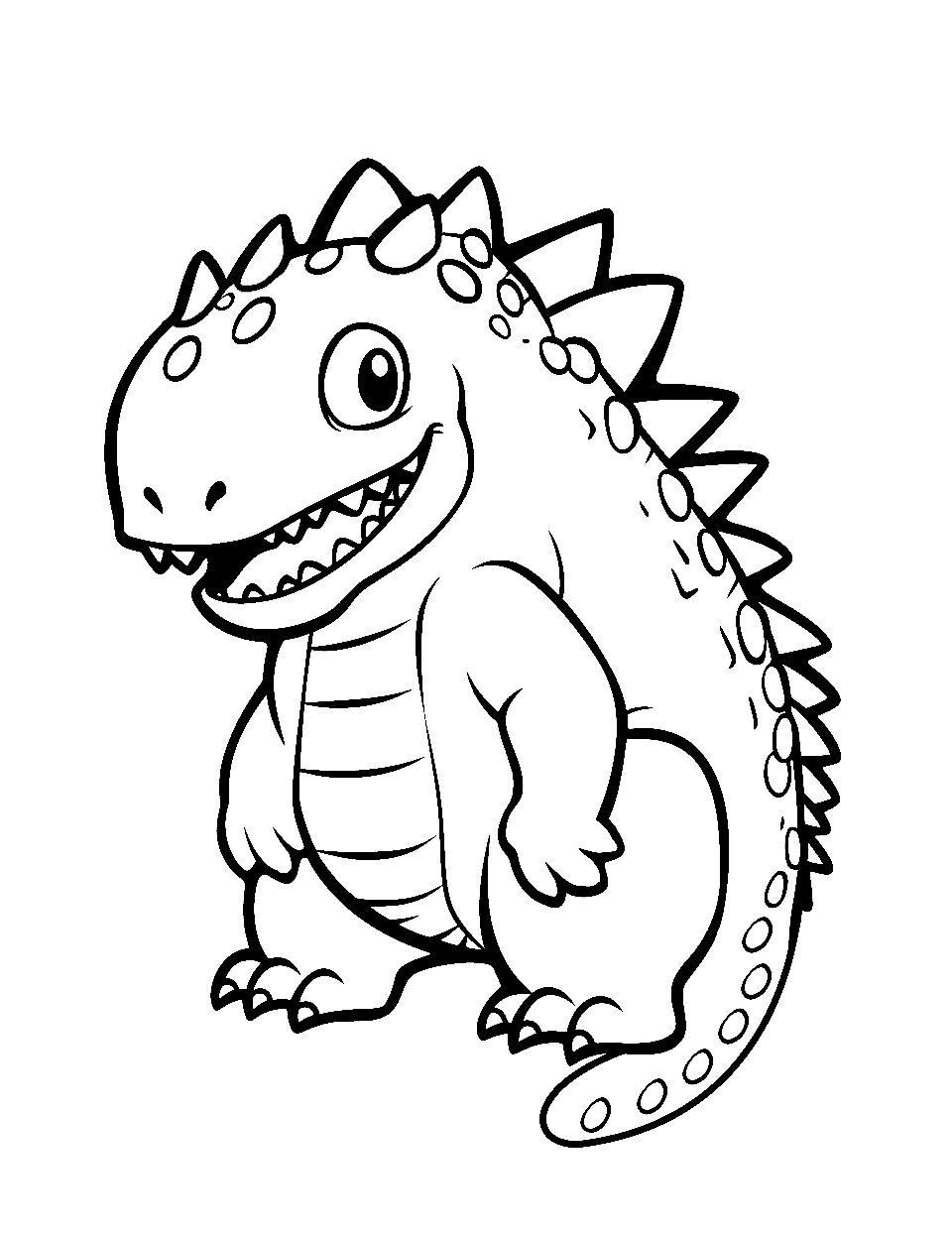 Cute Baby Godzilla Coloring Page - A chibi or cartoon version of Godzilla, with big eyes and a tiny tail.