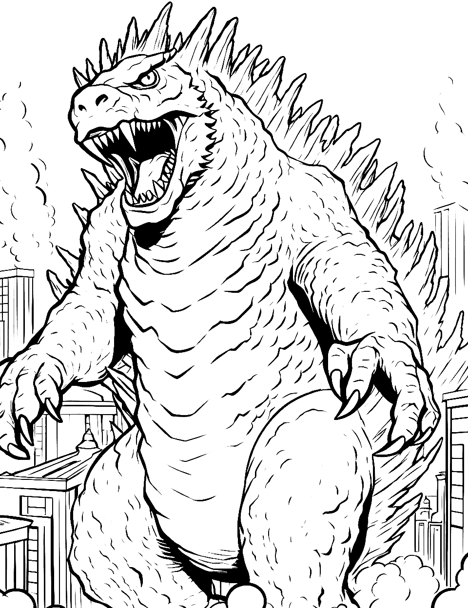 Godzilla's Fiery Breath Coloring Page - Godzilla getting ready to unleash its iconic atomic breath.