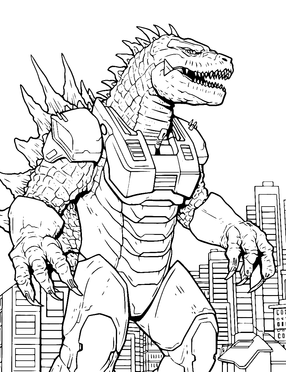 Mechagodzilla Standoff Coloring Page - The robotic counterpart of Godzilla, made entirely of metal with red glowing eyes.