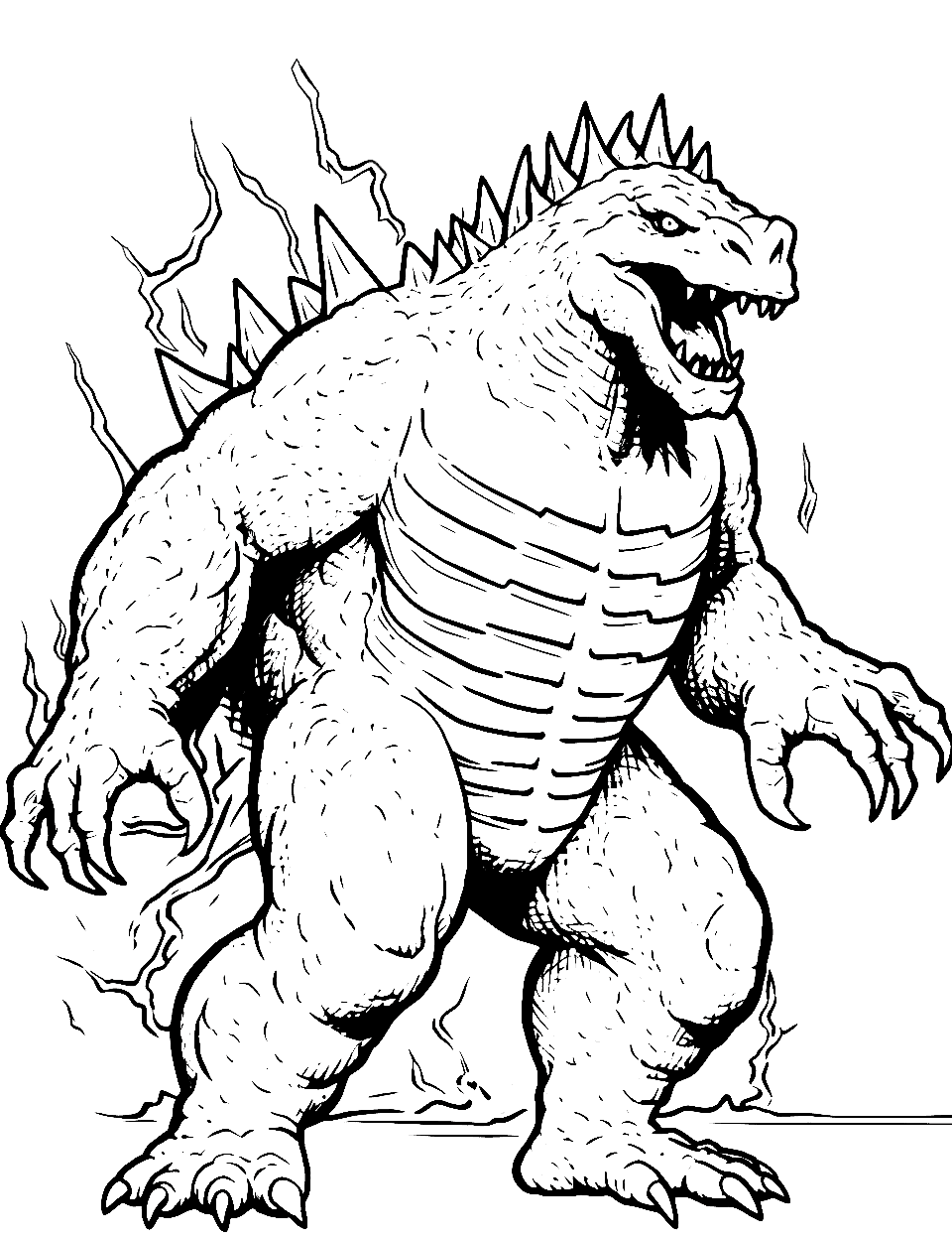 Super Godzilla Power Coloring Page - A powered-up Godzilla with glowing spines, ready for action.