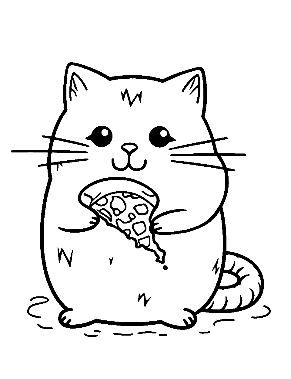 Pusheen's Yummy Treat Coloring Page - Pusheen the cat enjoying a big slice of pizza.