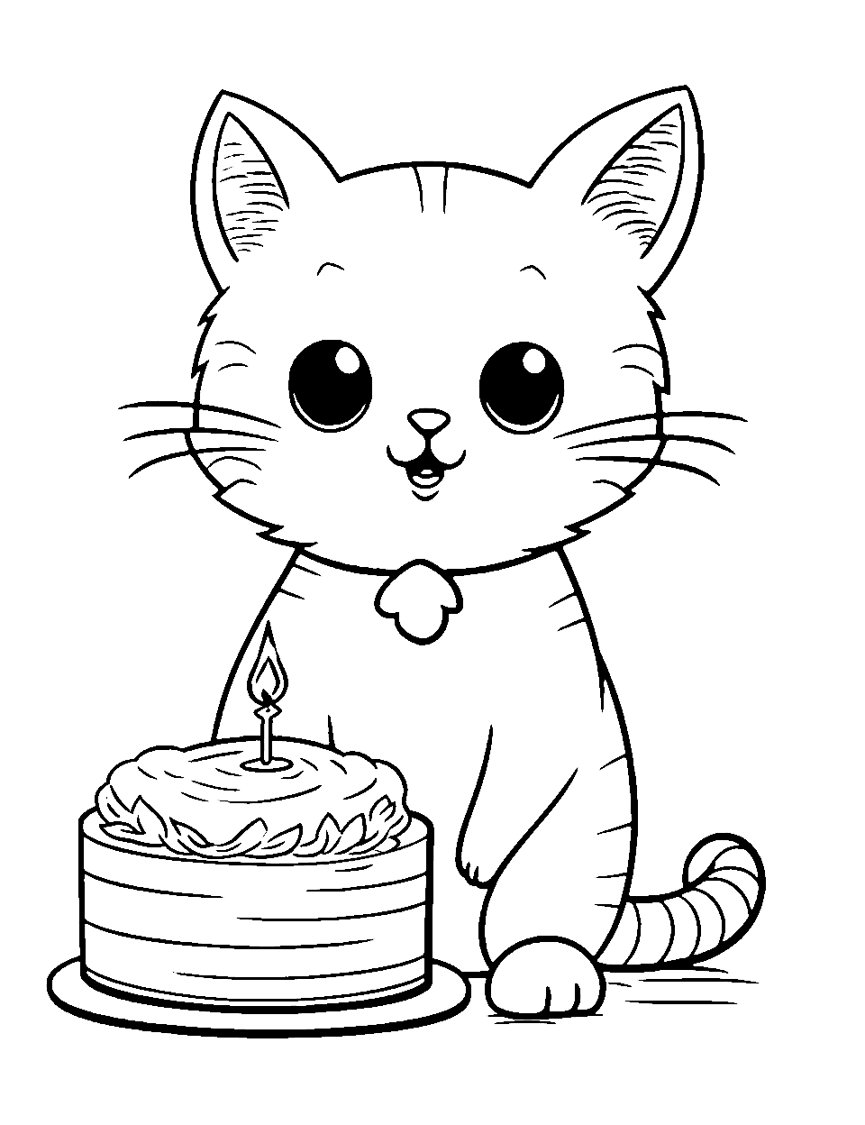 Happy Birthday, Kitty! Kitten Coloring Page - A kitten sitting behind a birthday cake with one candle.