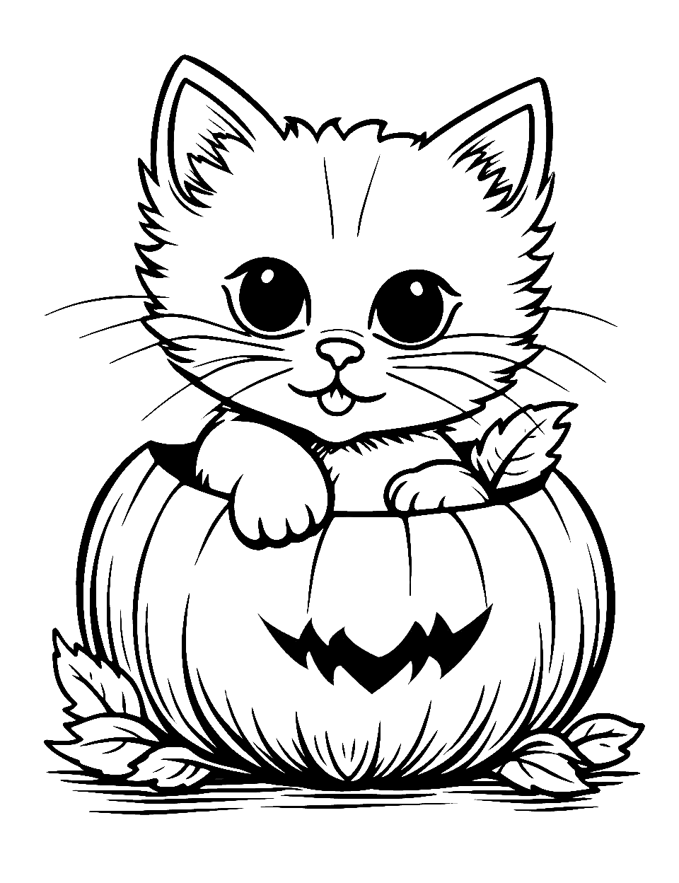 Halloween Kitten Surprise Coloring Page - A kitten peeking out from a carved pumpkin.