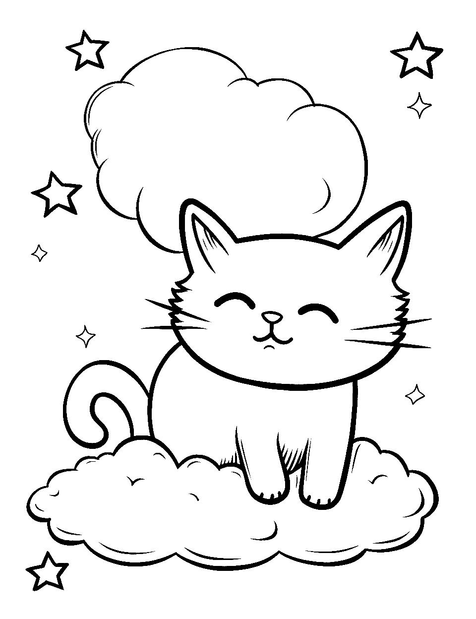 Kitten's Dreamy Nap Kitten Coloring Page - A kitten sleeping on a cloud, with stars twinkling around.