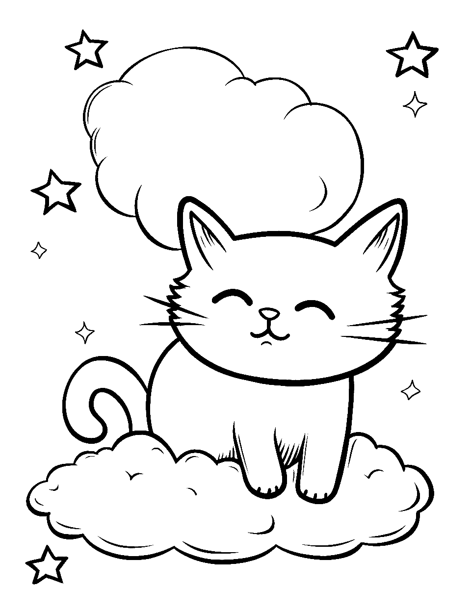 Kitten's Dreamy Nap Coloring Page - A kitten sleeping on a cloud, with stars twinkling around.