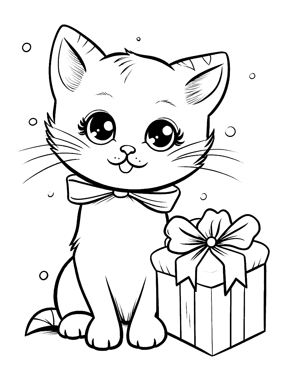 Kitten's Christmas Gift Coloring Page - Kitten sitting with a gift box.