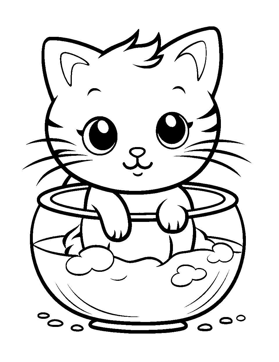 Chibi Kitten's Fishbowl Coloring Page - A chibi kitten popping out from a fishbowl.