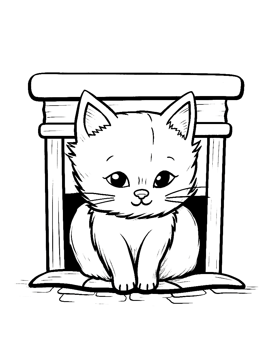 Kitten's Warm Hearth Kitten Coloring Page - A kitten curled up in front of a fireplace.