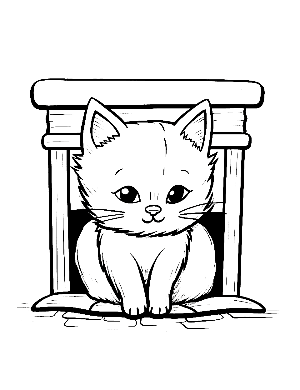 Kitten's Warm Hearth Coloring Page - A kitten curled up in front of a fireplace.