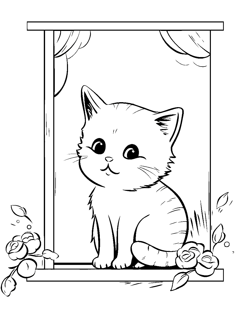 Little Kitten's Daydream Coloring Page - A little kitten sitting on a window, daydreaming.