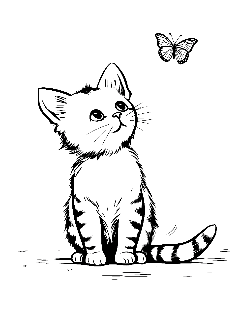 Realistic Tabby Kitten Coloring Page - A tabby kitten looking curiously at a fluttering butterfly.