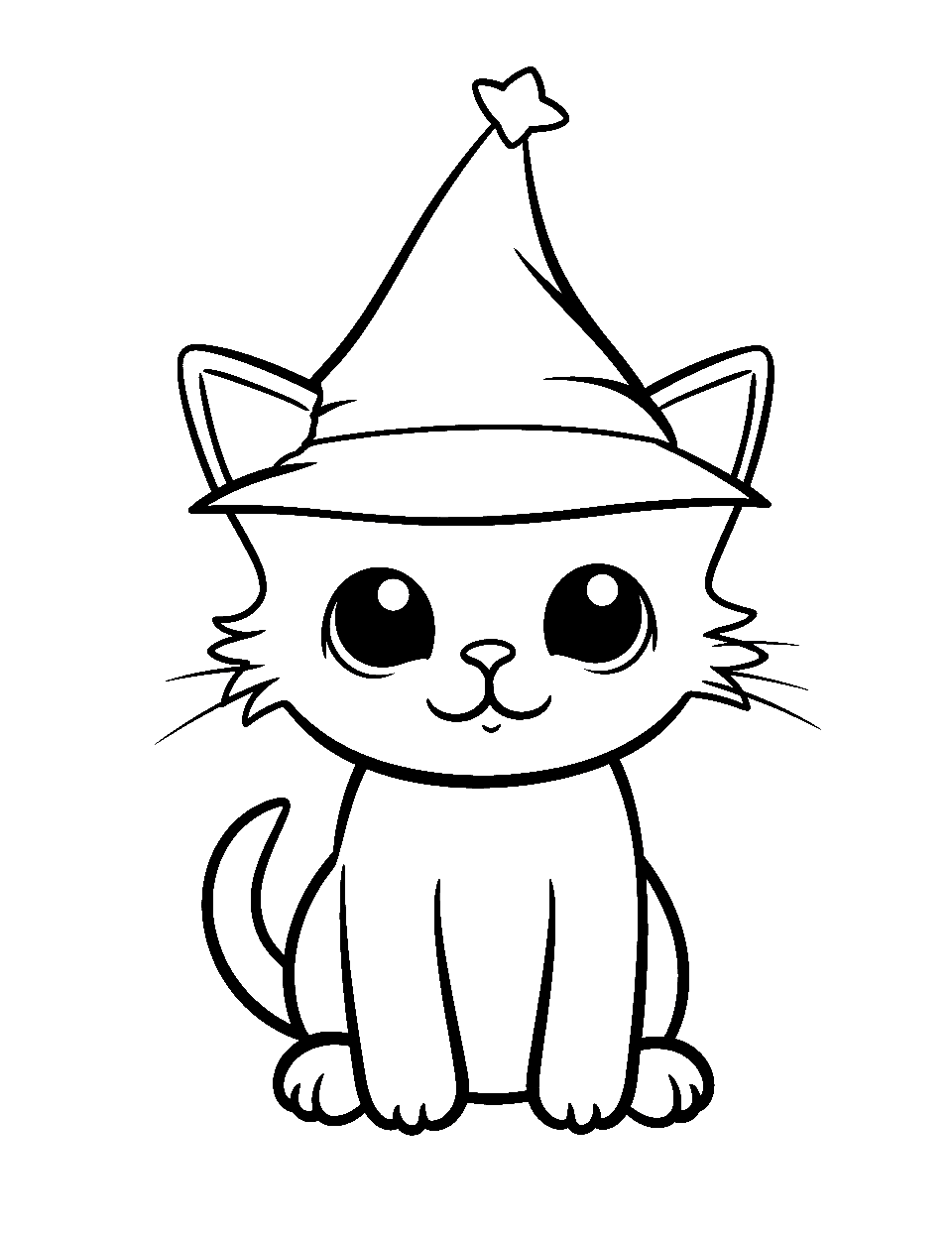 Kitten's Halloween Hat Coloring Page - A kitten wearing a cute witch’s hat, ready for Halloween.