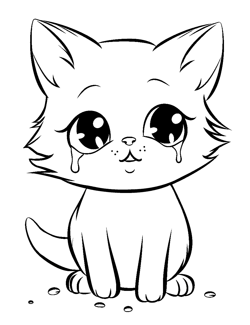 Cute Kitten's Tears Kitten Coloring Page - A cute kitten with a tear, looking up with hope.