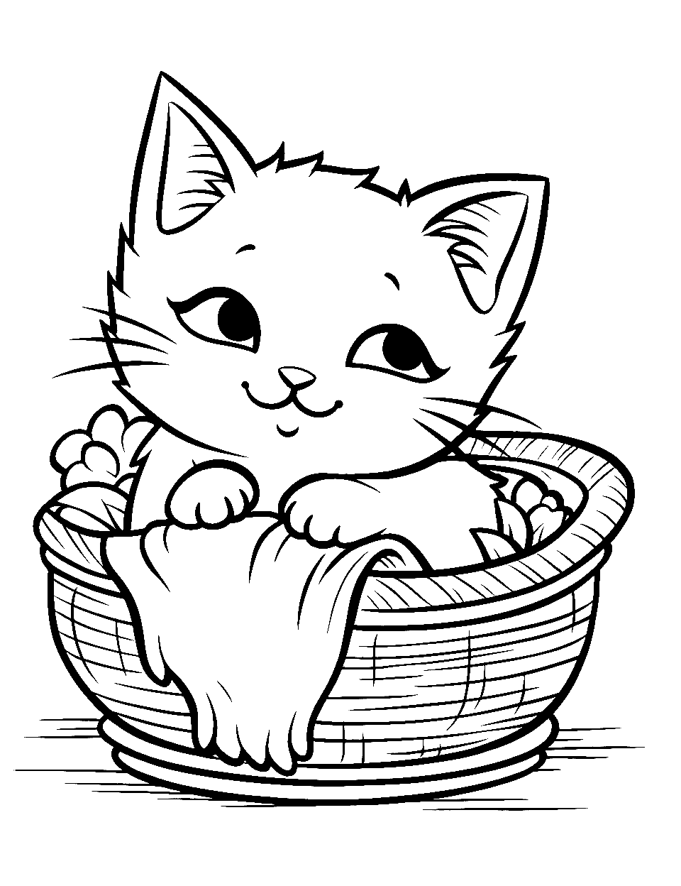 Kitten's Cozy Basket Nap Coloring Page - A kitten curled up inside a woven basket.